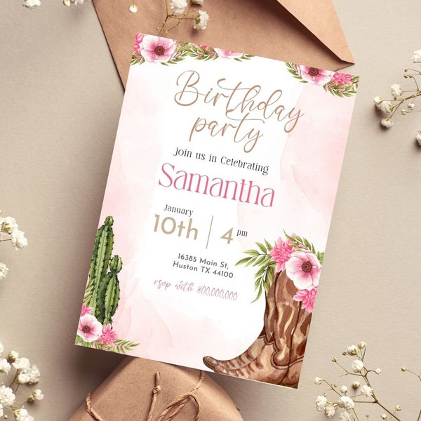 editable and printable Boho Cowgirl Birthday invitation template, Cowgirl Boot Birthday party, Country Birthday invite, Nashville birthday