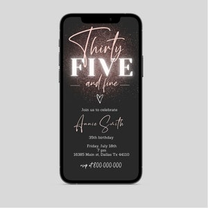Puede incluir: Una invitaci&oacute;n digital en blanco y negro con un fondo de purpurina rosa. El texto dice "Thirty FIVE and fine" con un coraz&oacute;n rosa. La invitaci&oacute;n es para la fiesta de cumplea&ntilde;os n&uacute;mero 35 de Annie Smith el viernes 18 de julio a las 7 pm. La direcci&oacute;n es 16385 Main st. Dallas Tx 44110. El n&uacute;mero de RSVP es 800.000.000.