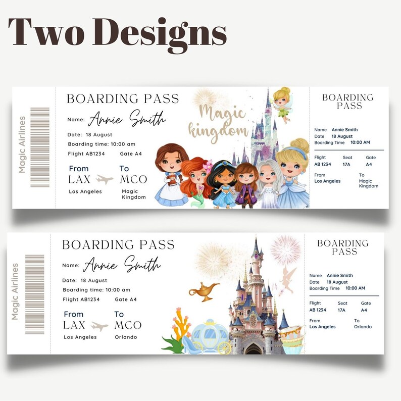 Pu&ograve; includere: Due modelli di biglietti d'imbarco stampabili per un viaggio in un regno magico. Il primo modello presenta un'illustrazione ad acquerello di principesse Disney. Il secondo modello presenta un'illustrazione ad acquerello della carrozza di Cenerentola e di un castello. Entrambi i modelli includono il testo "Magic Kingdom" e "Boarding Pass".