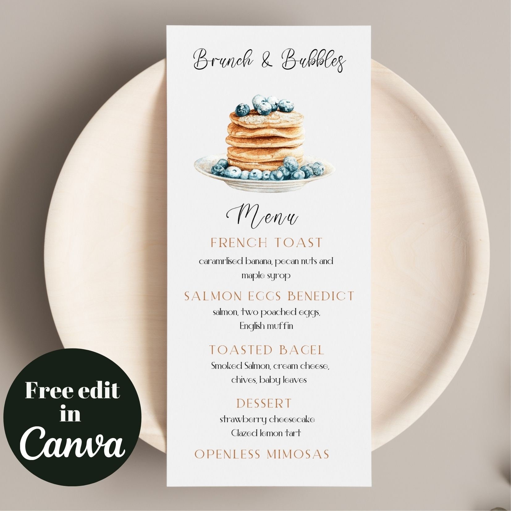 Minimalist Pancake let's Brunch digital menu template, Brunch and Bubbles Menu printable template, instant download, breakfast menu template