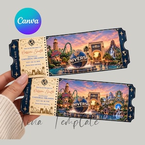 May include: Two rectangular souvenir tickets for Universal Orlando featuring a cream-coloured section with text reading Carson Smith, Universal Orlando, Dec 26, 2026, and From Mom and Dad, alongside a vibrant image of the park at sunset.