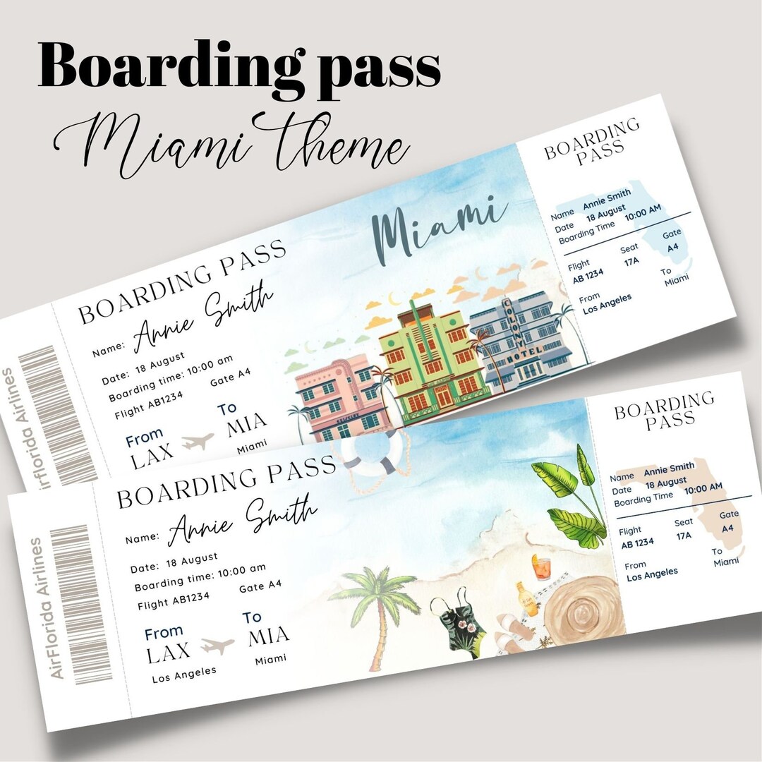 Printable and Editable Miami Surprise Boarding Pass Ticket, Trip Ticket to Florida, Vacation