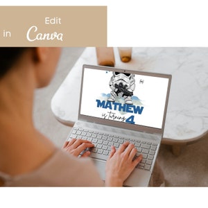 K&ouml;nnte beinhalten: Ein Laptop-Bildschirm zeigt eine digitale Geburtstagseinladung mit einer Cartoon-Illustration eines Stormtroopers aus Star Wars. Die Einladung lautet "MATTHEW wird 4 Jahre alt".