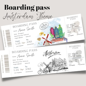 Druckbares und bearbeitbares Amsterdam Surprise Bordkartenticket, Reiseticket in die Niederlande, Urlaubsticket, bearbeitbare Bordkarte