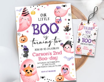 Editable e imprimible nuestra invitación de cumpleaños de Little Boo, Little Boo girando dos fiestas de Halloween, cumpleaños fantasma lindo fantasma gracias etiqueta