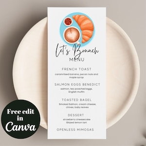 Modelo de menu digital minimalista de brunch, modelo colorido para impressão de menu de brunch, download instantâneo, modelo editável de menu de café da manhã