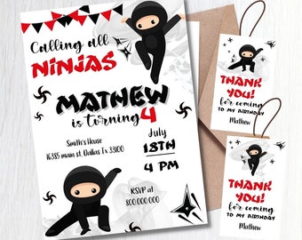 May include: A ninja-themed birthday invitation and thank you tags. The invitation reads "Calling all Ninjas" with the name "Mathew" and the age "4". The thank you tags say "Thank You!" and "for coming to my birthday".