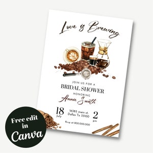 Printable and editable love is Brewing shower invitation template, Bridal shower invitation, coffee theme digital invite, women celebration image 2