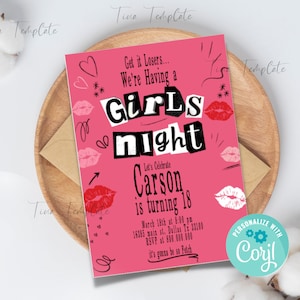Invitación editable inspirada en Mean Girls, invitación a la noche de chicas, invitación a fiesta de cumpleaños de Burn Book, plantilla Corjl de fiesta rosa de chicas Mean Girls