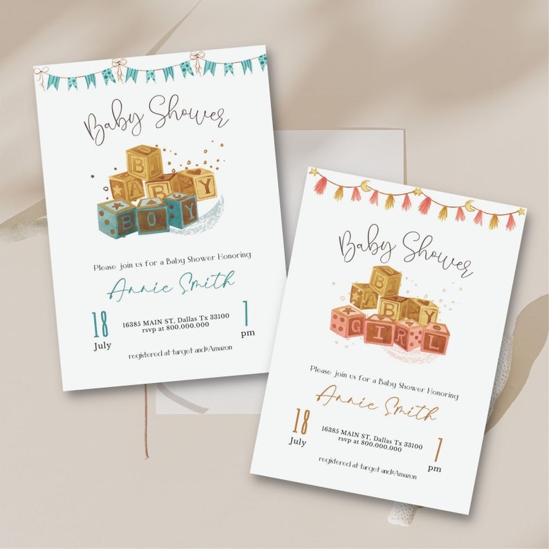 Editable and Printable Kids Blocks Baby Shower Invitation, Baby Girl ...