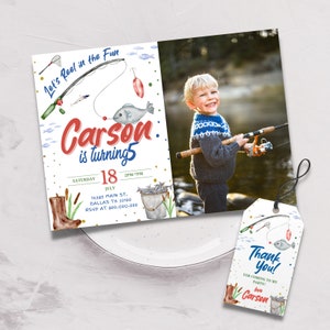 Editable and Printable Fishing birthday photo Invitation, Fishing Party invite, Fish Invitation, Fish Birthday party, Fishing thank you tag