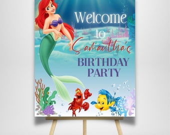 Plantilla de cartel de bienvenida de princesa Ariel de La Sirenita editable e imprimible, plantilla de póster de bienvenida bajo el mar, suministros para fiestas de niñas y niños