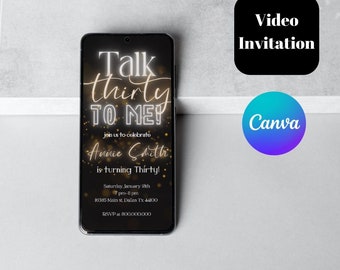 Electronic 30th Birthday video invitation template, Gold Glitter video 30th invitation for her, talk thirty to me neon light birthday invite