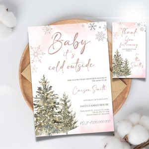 editable Baby It&#39;s Cold Outside Baby Shower invitation template, Pink winter invite baby shower,  Thank you Tag baby shower