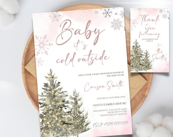 editable Baby It&#39;s Cold Outside Baby Shower invitation template, Pink winter invite baby shower,  Thank you Tag baby shower