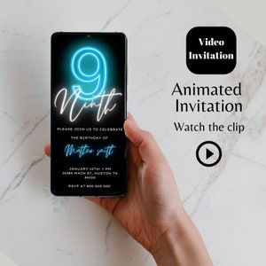 Editable 9th neon light video birthday invitation template, Blue neon Ninth animated invitation, Mobile birthday invitation, Party invite