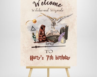 editable Wizard Birthday Party welcome sign, magical kid birthday party welcome poster, Witchcraft & Wizardry welcome birthday supplies