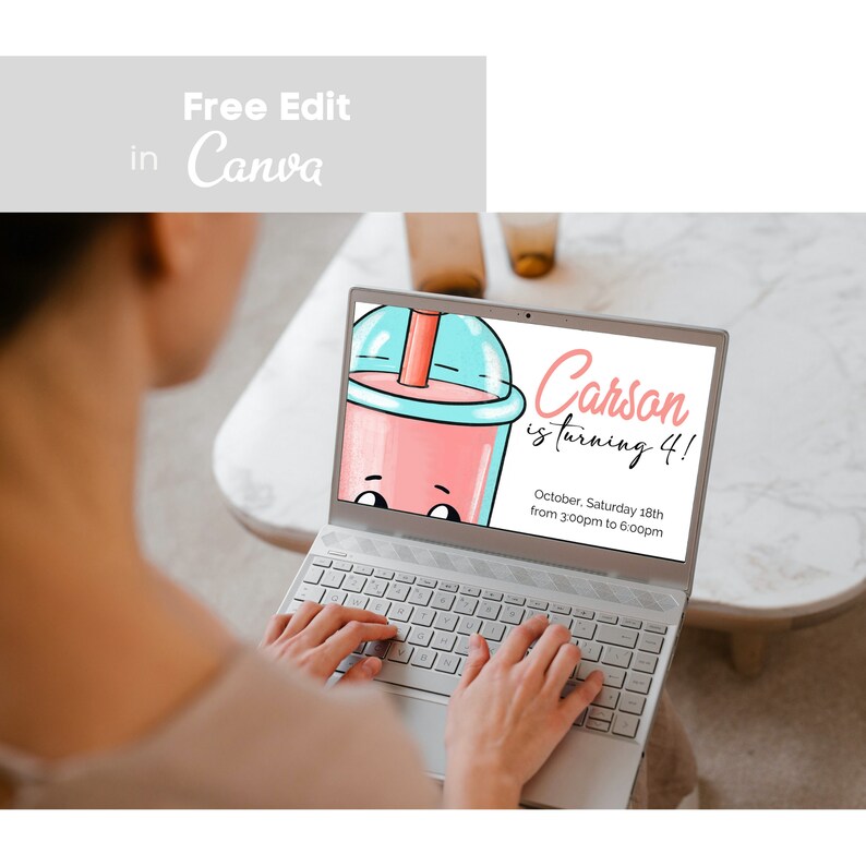 May include: A laptop screen displaying a birthday invitation for Carson's 4th birthday. The invitation features a cartoon illustration of a pink and blue cup with a straw and a smiling face. The text on the invitation reads "Carson is turning 4!" and includes the date and time of the party.
