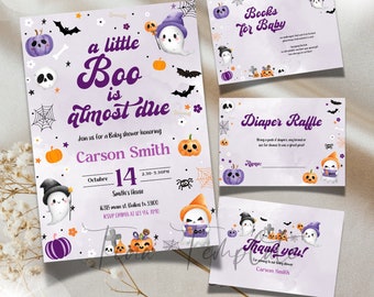 May include: A purple and white baby shower invitation with a ghost and pumpkin theme. The invitation says "a little Boo is almost due" and includes the name Carson Smith, the date October 14th, and the time 2:30-5:30 PM. The invitation also includes the address 4385 main st. Dallas 1x 33100 and the RSVP number 123 456 7890.