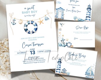 May include: A blue and white baby shower invitation with a nautical theme. The invitation features a lighthouse, a life preserver, an anchor, and a sailboat. The text on the invitation reads "a sweet baby boy is on his way!" and "Carson Thompson".