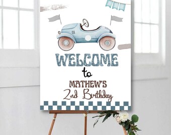 editable Race Car Welcome Sign Two Fast to Curious kid birthday party template, race car 2nd Birthday two fast 2 Curious party Poster sign