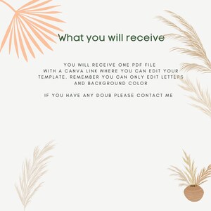 May include: A digital download with instructions on how to edit a Canva template. The text says "What you will receive", "You will receive one PDF file with a Canva link where you can edit your template. Remember you can only edit letters and background color. If you have any doubt please contact me."