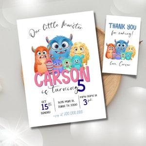Editable and Printable MonsterParty invitation template, Monster birthday party invite, Monster theme party invite, Monster Thank you tag
