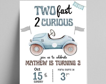 Editable Two Fast Birthday Invitation, 2 Fast Boy Race Car, 2nd Birthday Party Invite, two Fast 2 Curious Race Car Party theme kid birthday