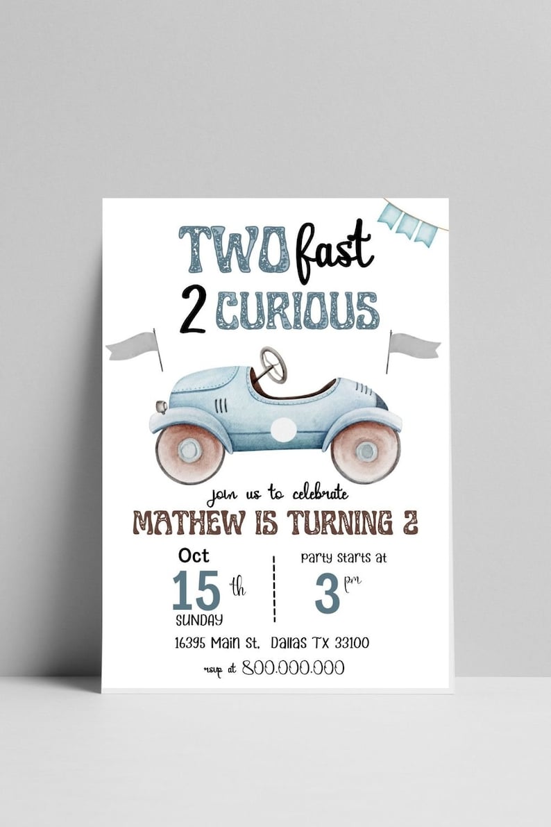 Editable Two Fast Birthday Invitation 2 Fast Boy Race Car 2nd Birthday Party Invite two Fast 2 Curious Race Car Party theme