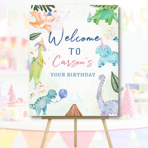 editable and printable Dinosaur Kid birthday party welcome Sign, dinosaur welcome poster sign, Jurassic T-Rex three-rex Birthday party