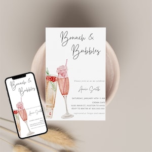 Könnte beinhalten: Eine digitale Einladung zu einem Brunch mit Sekt. Die Einladung zeigt eine Aquarell-Illustration von zwei Gläsern Champagner mit rosa und grünen Akzenten. Der Text auf der Einladung lautet "Brunch & Bubbles", "Bitte schließen Sie sich uns an, um zu feiern", "Annie Smith", "Samstag, 14. Januar - 11:00 Uhr", "Crema Cafe", "16385 Main St, Huston TX 44100", "RSVP an Matiw unter 800.000.000", und "registriert bei Target und Amazon".