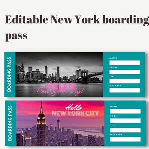 Plantilla editable de tarjeta de embarque de la ciudad de Nueva York, boleto de vacaciones sorpresa a la ciudad de Nueva York, tarjeta de embarque de regalo, boleto de viaje, viaje a Nueva York