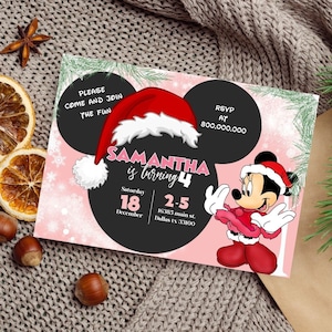 Bewerkbare en afdrukbare kerst roze muis kinderverjaardagsuitnodiging, elke leeftijd muismeisje verjaardagsfeestje, personaliseer verjaardagsfeestje sjabloon