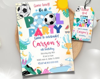 Bewerkbare en afdrukbare Soccer Pool Party uitnodiging sjabloon, Soccer Splash Splash Pool feestuitnodiging, Summer Boy pool party, Bedankt tag