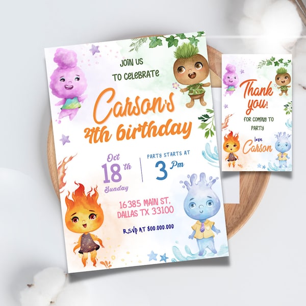 Editable and printable 4 elements Birthday party invitation template, elements kid birthday party invite, thank you tag