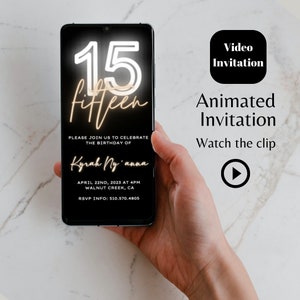Editable 15th neon light video birthday invitation template, white neon fifteen animated invitation, Mobile 15 neon birthday invitation,