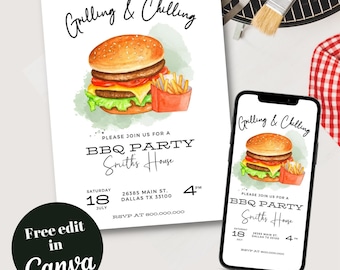 Editable and printable BBQ Burger party invitation template, Backyard burger invite, elegant Burger Barbecue adult party, cookout invite,