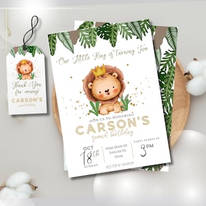 Editable and Printable Our little king Lion Birthday party invite, Lion Themed Birthday invitation template, Boy Lion Birthday thank you tag