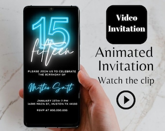Editable 15th neon light video birthday invitation template, Blue neon fifteen animated invitation, Mobile birthday invitation, Party invite