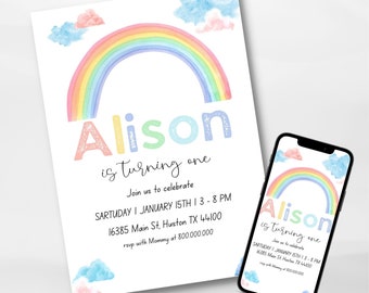 Editable Rainbow Baby birthday invitation template, colorful party invite, Baby Girl birthday, boy birthday, printable and mobile invitation