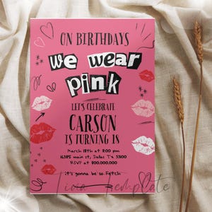 Plantilla de invitación de fiesta de cumpleaños editable inspirada en Mean Girls, invitación de fiesta de cumpleaños de Burn Book, invitación de fiesta We Wear Pink