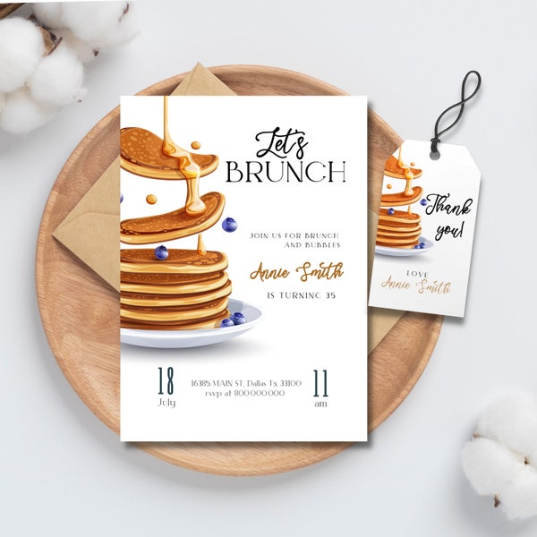 editable and Printable Minimalist Pancakes Brunch digital invitation, let’s Brunch printable invitation template, instant download