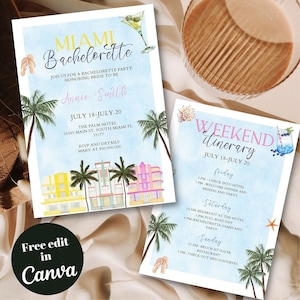 Modello di invito modificabile e stampabile per addio al nubilato a Miami, addio al nubilato ad acquerello del fine settimana di Miami, futura sposa estiva, Florida