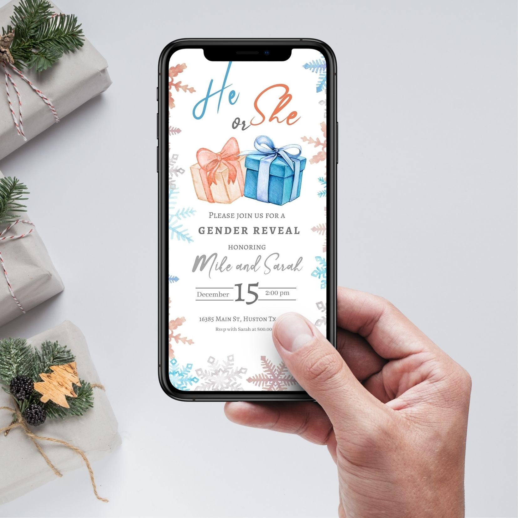 Electronic Winter Theme Gender Reveal Invitation Template, Phone