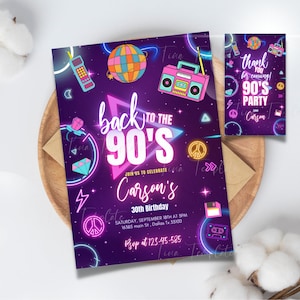 Modello di invito per festa di compleanno in stile neon anni '90 modificabile e stampabile, Ritorno al compleanno degli anni '90, Disco Dance 30th Party degli anni '90, Y2K degli anni 2000