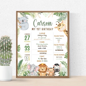 Editable Wild One Milestone Birthday Poster, Safari First Stats board template, Jungle 1st Birthday Chalkboard sign, Jungle 1st birthday