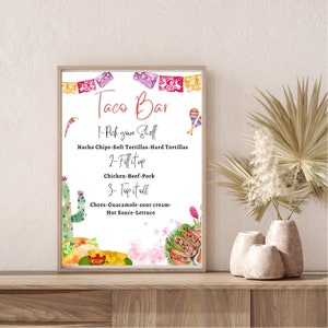 Druckbare und bearbeitbare Taco Bar-Menü, Taco-Party-Menüvorlage, Taco'bout mexikanische Party, mexikanisches Partymenü, sofortiger Download-Canva-Bearbeitung