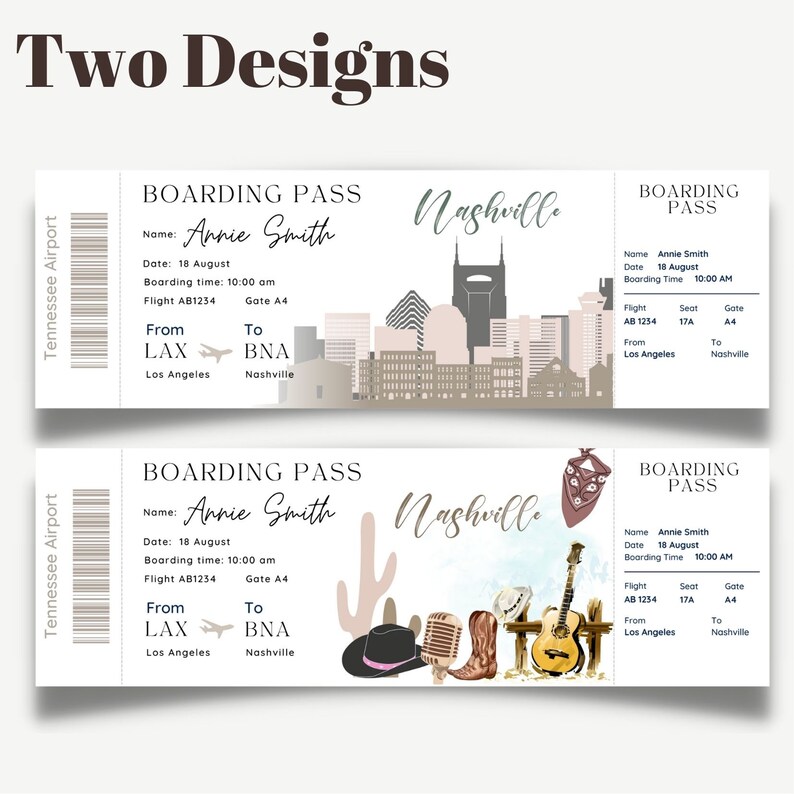 Printable and editable Nashville Tennessee Surprise boarding pass ticket, trip ticket to Nashville ,Vacation ticket , Boarding Pass template image 3