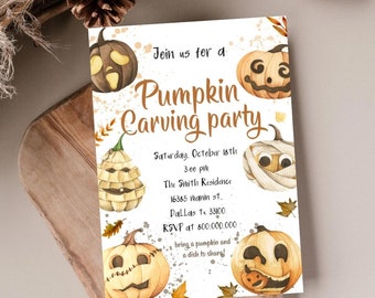 May include: A white invitation card with a watercolor illustration of pumpkins and the text "Join us for a Pumpkin Carving Party." The invitation details the date, time, location, and RSVP information.