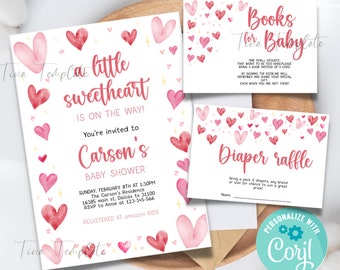 May include: A pink and white baby shower invitation with a watercolor heart design. The invitation says "A little sweetheart is on the way! You're invited to Carson's Baby Shower". The invitation also includes the date, time, and location of the shower. There are also two cards for a book and diaper raffle.